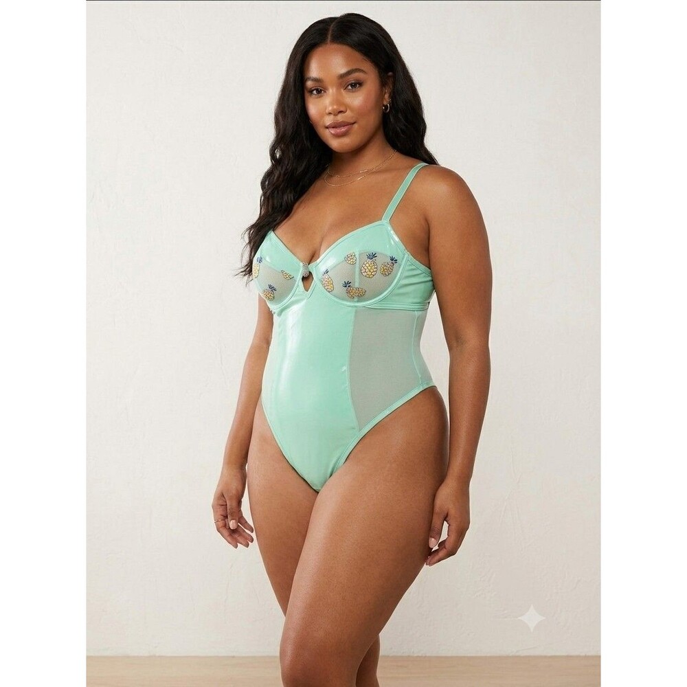 Savage X Fenty Mint Green Vinyl Sheer Mesh Pineapple Underwire Bodysuit 1X NWOT